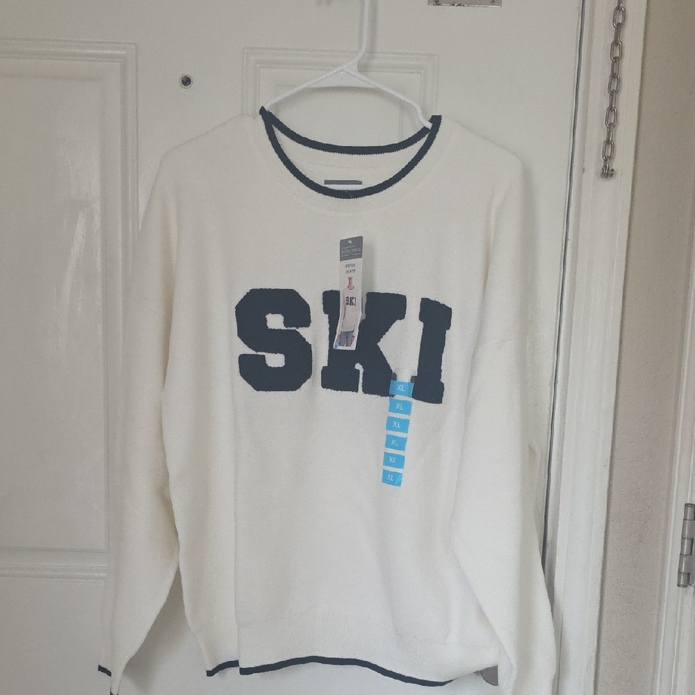 Cream 'SKI' Pullover Sweater with Navy Trim